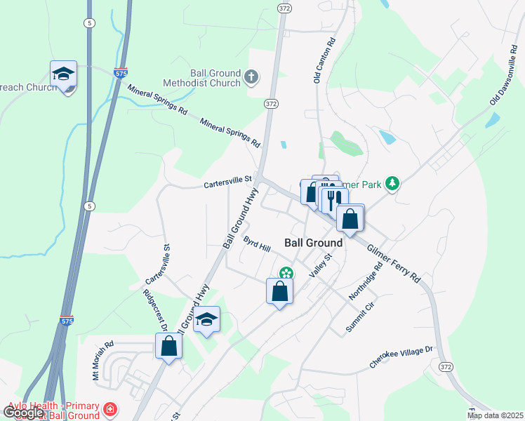 map of restaurants, bars, coffee shops, grocery stores, and more near 125 Strippling Street in Ball Ground