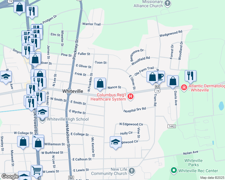 map of restaurants, bars, coffee shops, grocery stores, and more near East Nance Street in Whiteville
