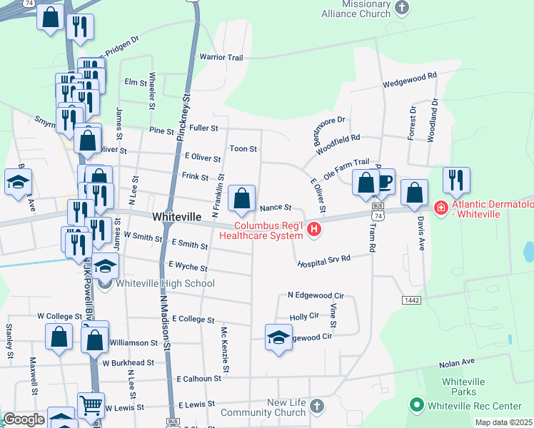 map of restaurants, bars, coffee shops, grocery stores, and more near 308 Nance Street in Whiteville