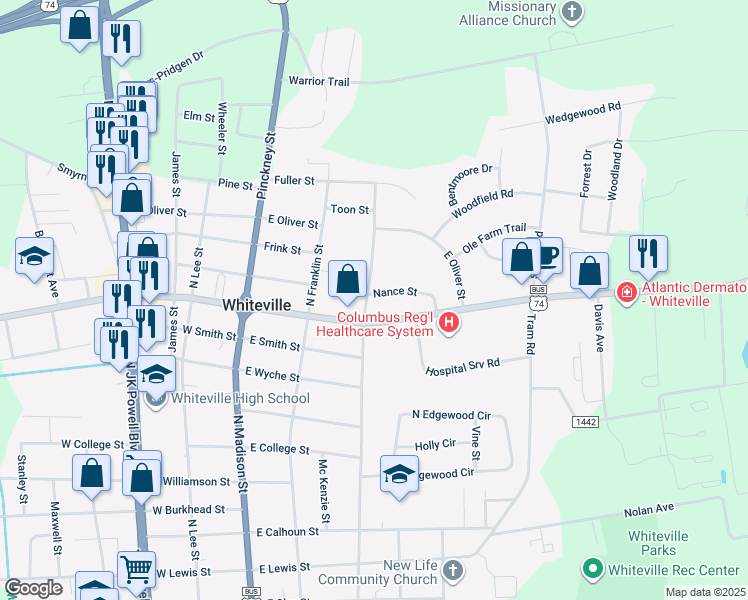 map of restaurants, bars, coffee shops, grocery stores, and more near 808 North Thompson Street in Whiteville