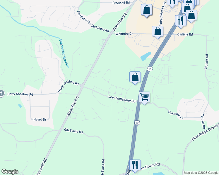 map of restaurants, bars, coffee shops, grocery stores, and more near 117 Lee Castleberry Road in Dawsonville