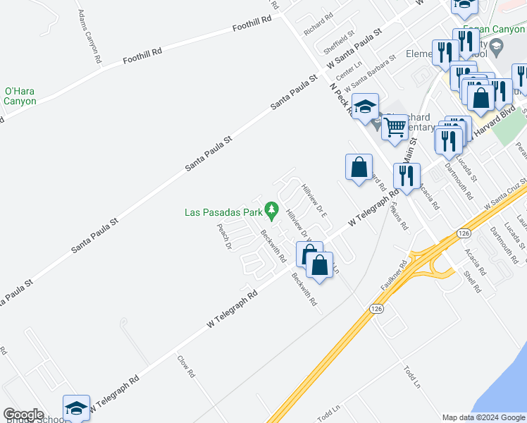map of restaurants, bars, coffee shops, grocery stores, and more near 142 Via Solana in Santa Paula