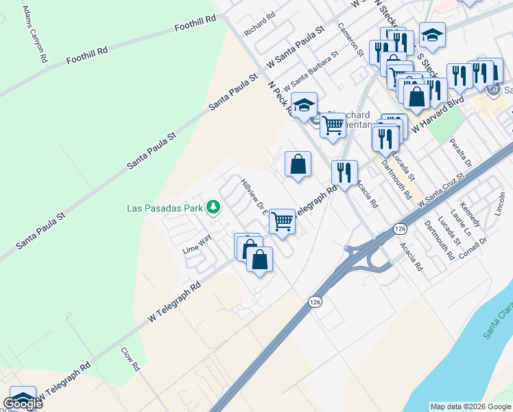 map of restaurants, bars, coffee shops, grocery stores, and more near 975 West Telegraph Road in Santa Paula