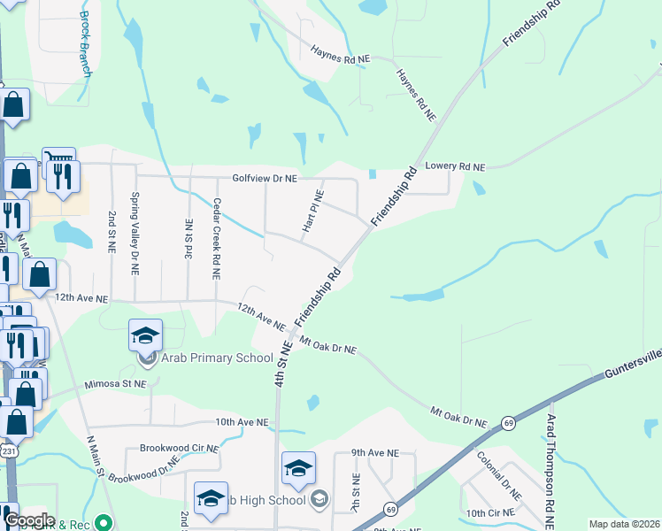 map of restaurants, bars, coffee shops, grocery stores, and more near 1325 Friendship Road in Arab
