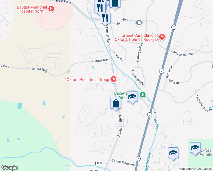 map of restaurants, bars, coffee shops, grocery stores, and more near 2610 South Lamar Boulevard in Oxford