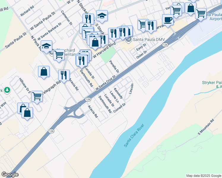 map of restaurants, bars, coffee shops, grocery stores, and more near 500 West Santa Maria Street in Santa Paula