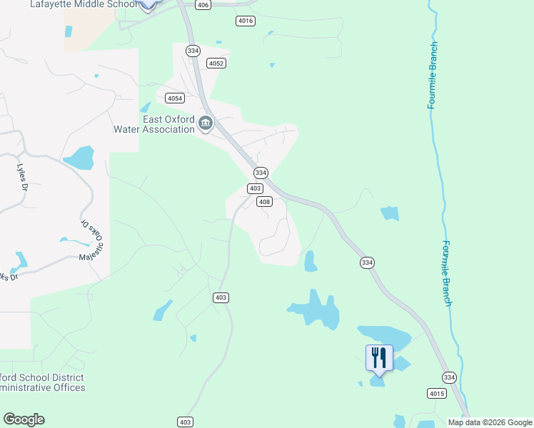 map of restaurants, bars, coffee shops, grocery stores, and more near County Road 408 in Oxford