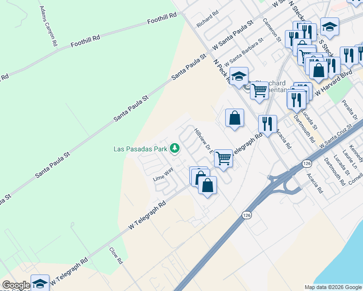 map of restaurants, bars, coffee shops, grocery stores, and more near 975 West Telegraph Road in Santa Paula