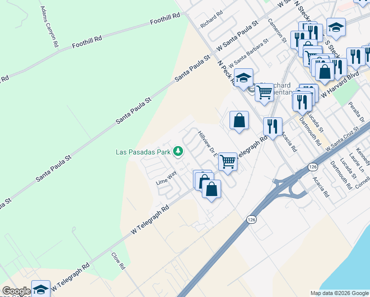 map of restaurants, bars, coffee shops, grocery stores, and more near 975 West Telegraph Road in Santa Paula