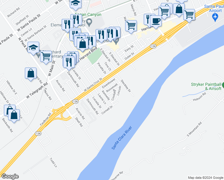 map of restaurants, bars, coffee shops, grocery stores, and more near 500 West Santa Maria Street in Santa Paula