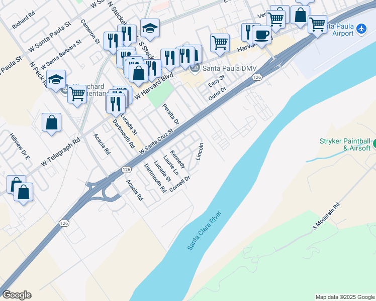 map of restaurants, bars, coffee shops, grocery stores, and more near 500 West Santa Maria Street in Santa Paula