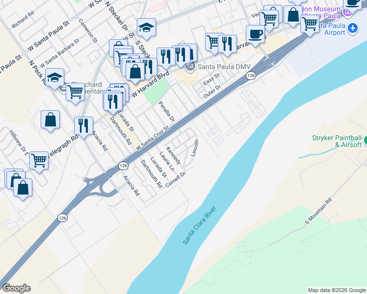 map of restaurants, bars, coffee shops, grocery stores, and more near 500 West Santa Maria Street in Santa Paula