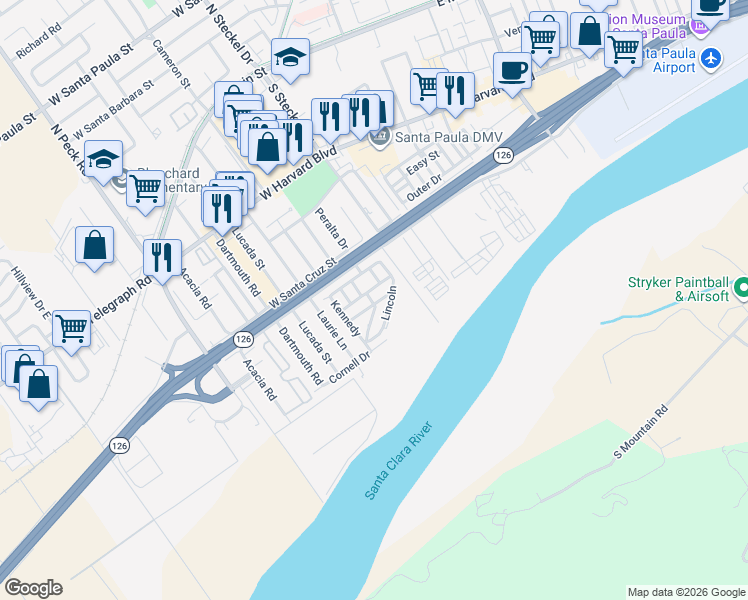 map of restaurants, bars, coffee shops, grocery stores, and more near 500 West Santa Maria Street in Santa Paula