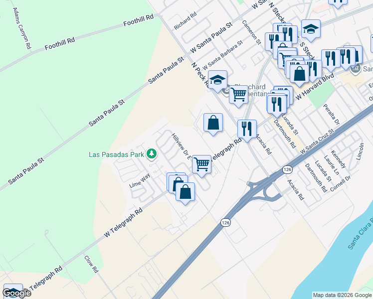 map of restaurants, bars, coffee shops, grocery stores, and more near 975 West Telegraph Road in Santa Paula