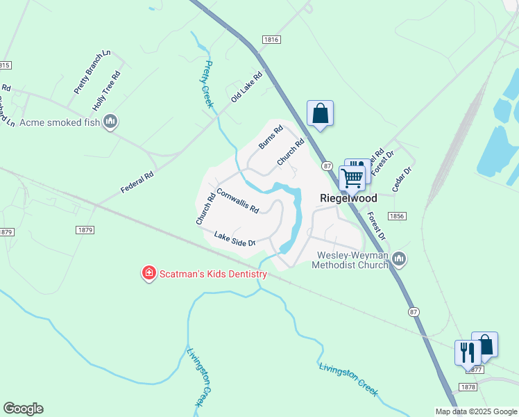 map of restaurants, bars, coffee shops, grocery stores, and more near 104 Cornwallis Road in Riegelwood