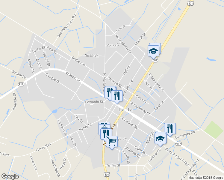 map of restaurants, bars, coffee shops, grocery stores, and more near 202 North Mauldin Street in Latta