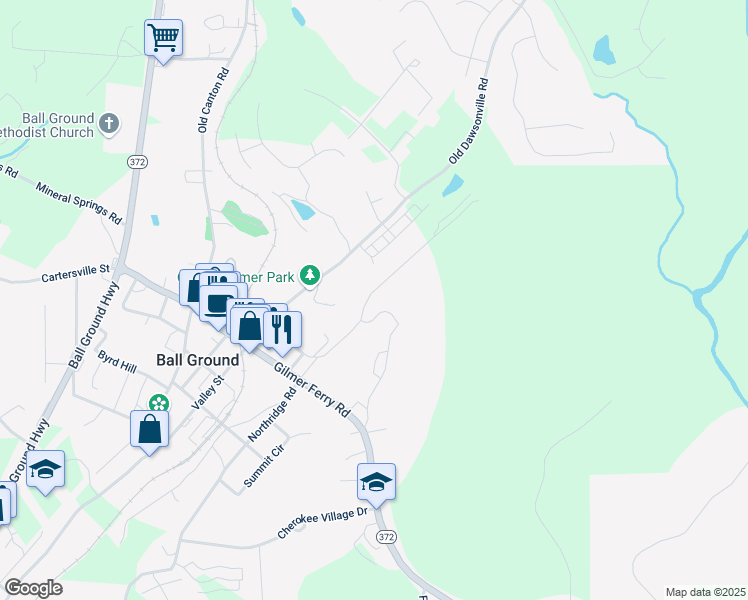 map of restaurants, bars, coffee shops, grocery stores, and more near 615 Groover Street in Ball Ground