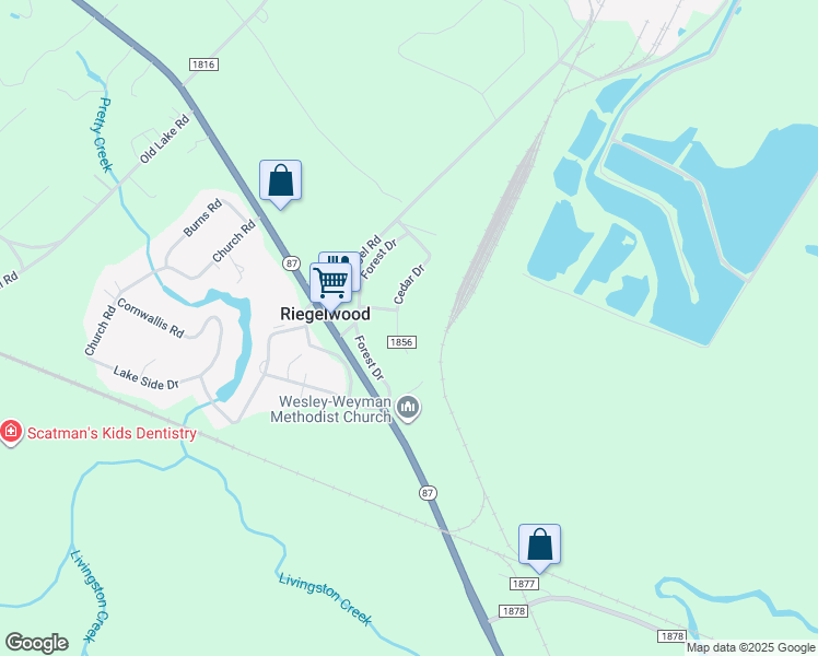 map of restaurants, bars, coffee shops, grocery stores, and more near 114 Cedar Drive in Riegelwood