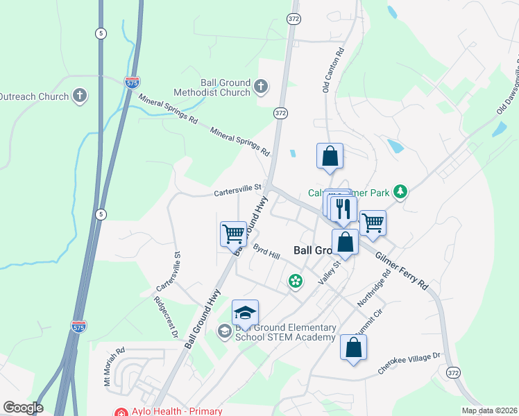 map of restaurants, bars, coffee shops, grocery stores, and more near Ball Ground Highway in Ball Ground