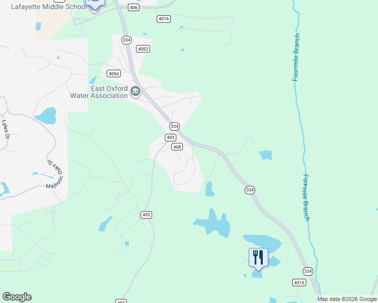 map of restaurants, bars, coffee shops, grocery stores, and more near County Road 408 in Oxford