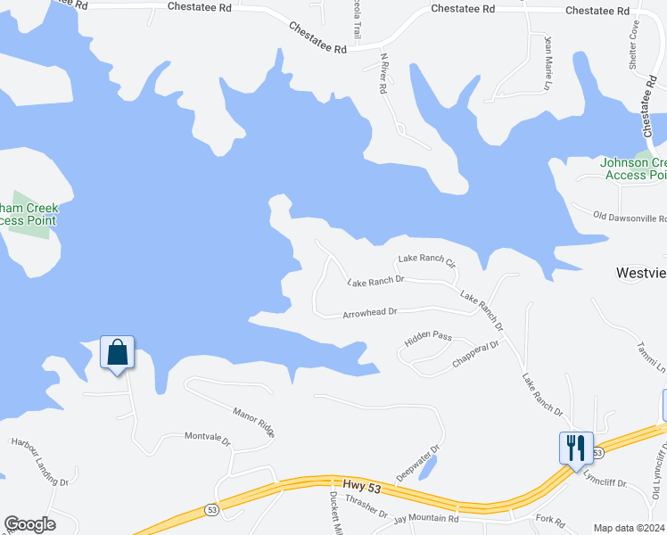 map of restaurants, bars, coffee shops, grocery stores, and more near 3167 Lake Ranch Drive in Gainesville