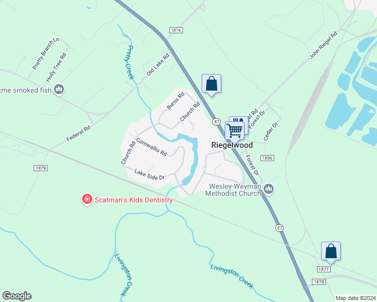 map of restaurants, bars, coffee shops, grocery stores, and more near in Riegelwood