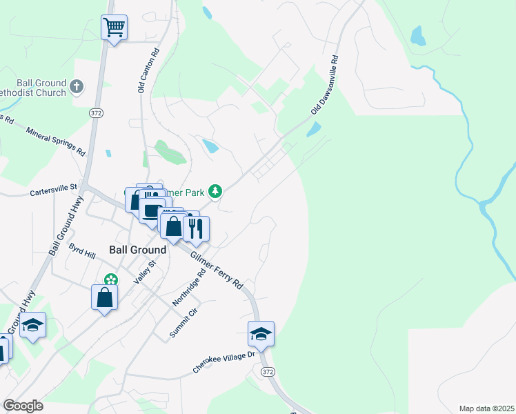 map of restaurants, bars, coffee shops, grocery stores, and more near 615 Groover Street in Ball Ground