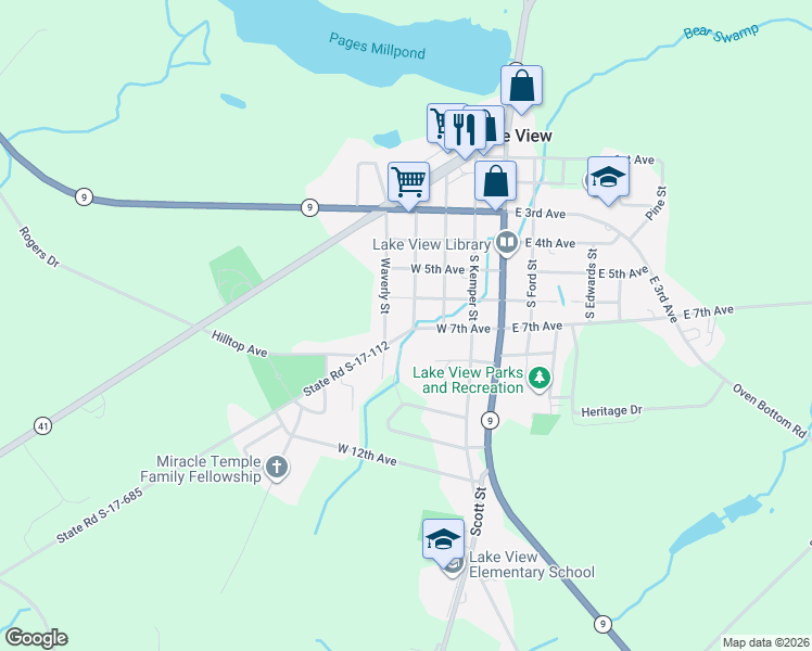 map of restaurants, bars, coffee shops, grocery stores, and more near 402 Old Kemper Road in Lake View