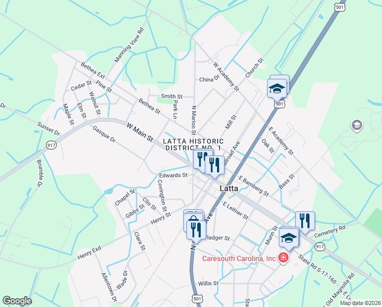 map of restaurants, bars, coffee shops, grocery stores, and more near 110 North Marion Street in Latta