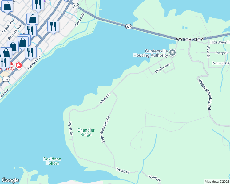 map of restaurants, bars, coffee shops, grocery stores, and more near 1721 Wyeth Drive in Guntersville