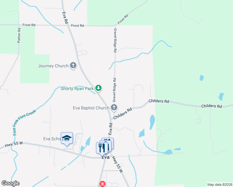map of restaurants, bars, coffee shops, grocery stores, and more near 270 Gravel Ridge Road in Eva