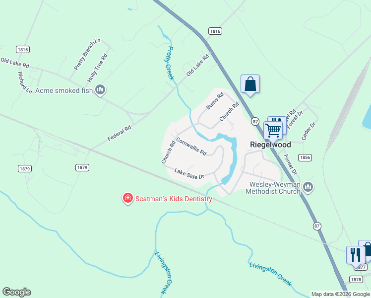 map of restaurants, bars, coffee shops, grocery stores, and more near 107 Cornwallis Road in Riegelwood
