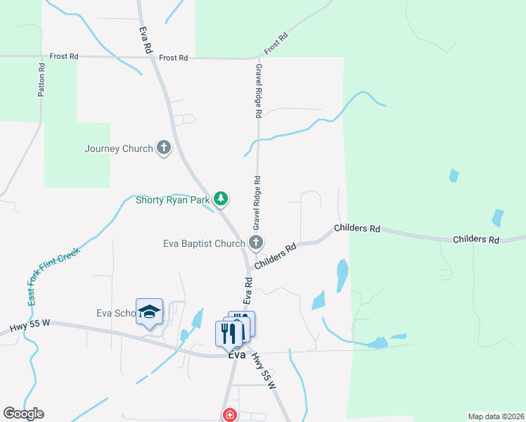 map of restaurants, bars, coffee shops, grocery stores, and more near 270 Gravel Ridge Road in Eva