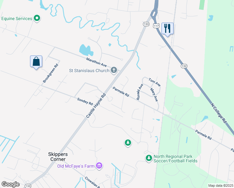 map of restaurants, bars, coffee shops, grocery stores, and more near 4010 Parmele Road in Castle Hayne