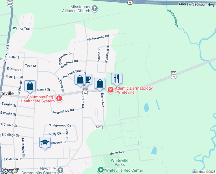 map of restaurants, bars, coffee shops, grocery stores, and more near 709 Jefferson Street in Whiteville