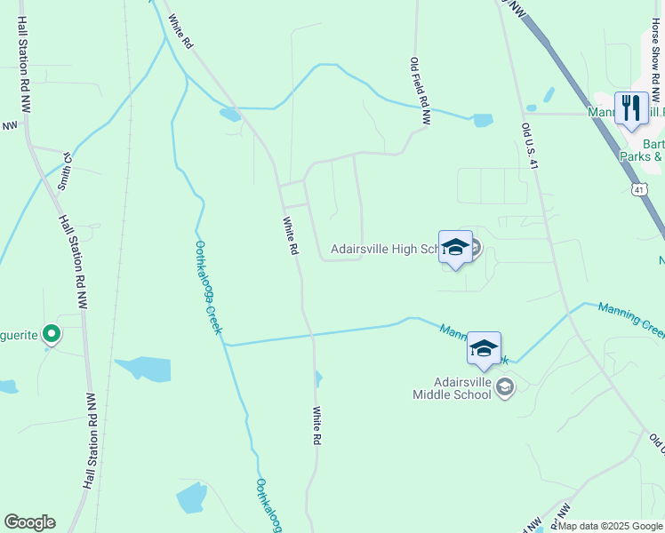 map of restaurants, bars, coffee shops, grocery stores, and more near 520 Fieldwood Drive Northwest in Adairsville