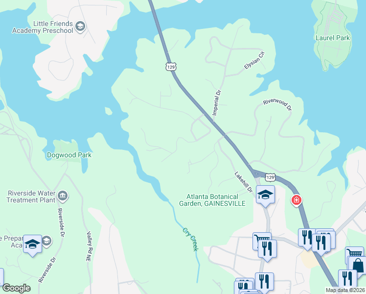 map of restaurants, bars, coffee shops, grocery stores, and more near 1925 Pinetree Trail in Gainesville