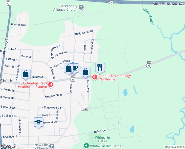 map of restaurants, bars, coffee shops, grocery stores, and more near 709 Jefferson Street in Whiteville