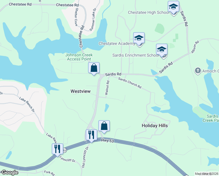 map of restaurants, bars, coffee shops, grocery stores, and more near 2623 Walnut Road in Gainesville