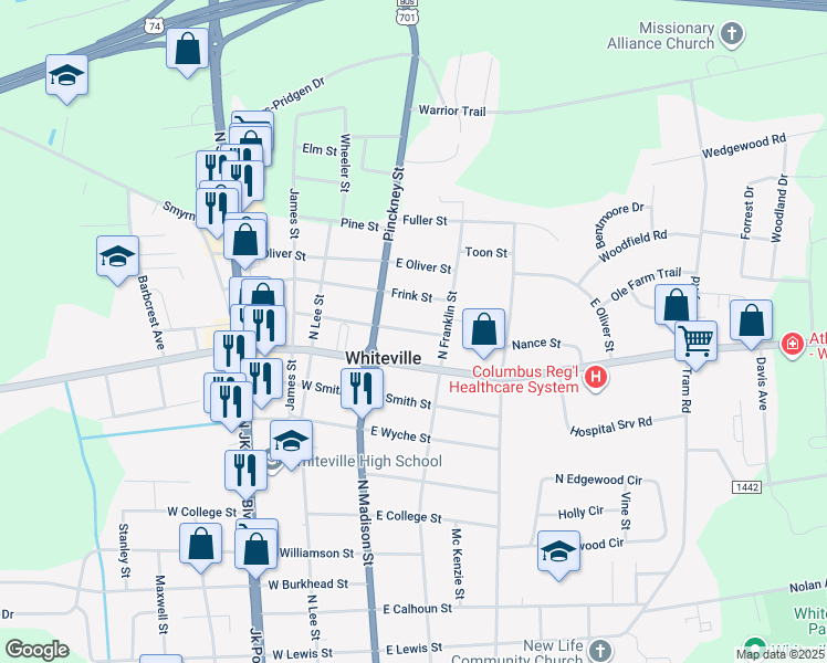 map of restaurants, bars, coffee shops, grocery stores, and more near East Nance Street in Whiteville