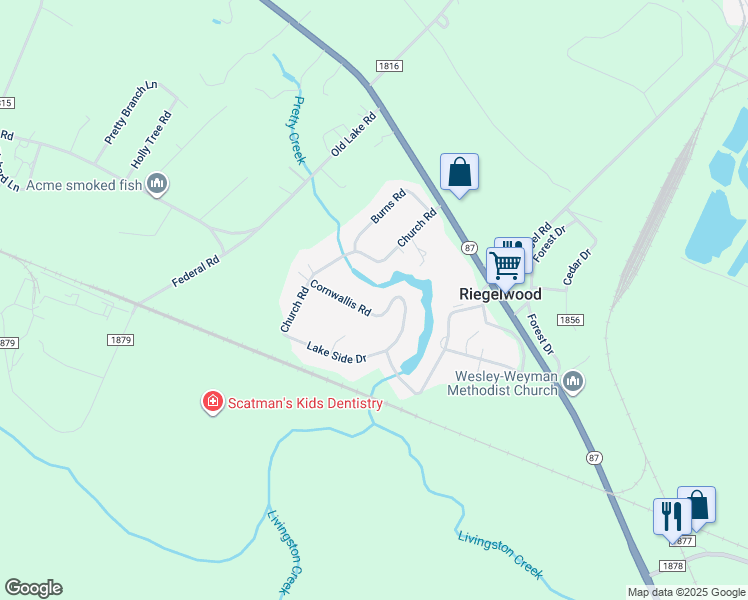 map of restaurants, bars, coffee shops, grocery stores, and more near 100 Cornwallis Road in Riegelwood