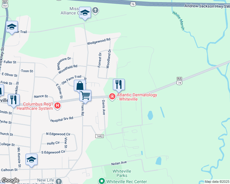 map of restaurants, bars, coffee shops, grocery stores, and more near 805 Mary Lane in Whiteville
