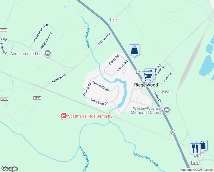 map of restaurants, bars, coffee shops, grocery stores, and more near 102 Cornwallis Road in Riegelwood