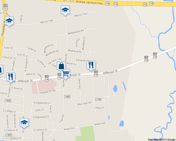 map of restaurants, bars, coffee shops, grocery stores, and more near 805 Mary Lane in Whiteville
