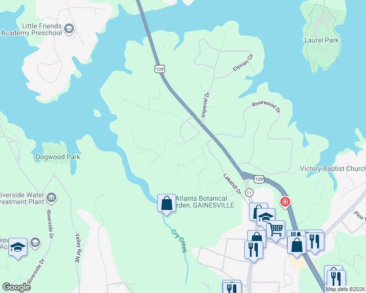 map of restaurants, bars, coffee shops, grocery stores, and more near 1925 Pinetree Trail in Gainesville
