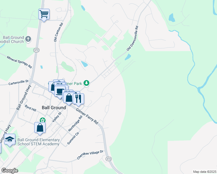 map of restaurants, bars, coffee shops, grocery stores, and more near 633 Groover Street in Ball Ground