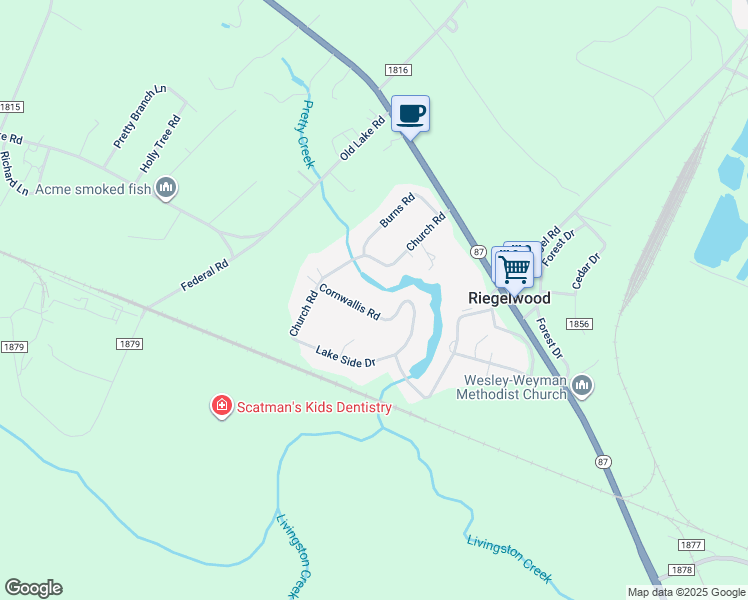map of restaurants, bars, coffee shops, grocery stores, and more near 102 Cornwallis Road in Riegelwood