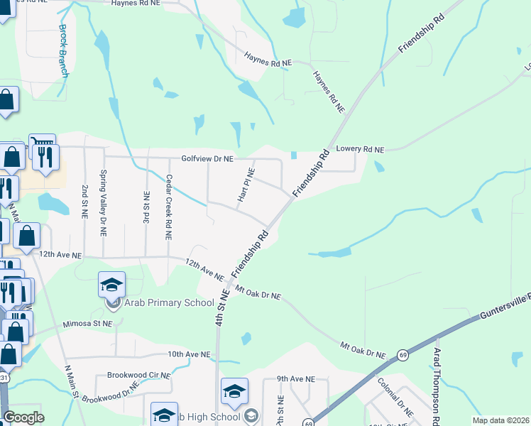 map of restaurants, bars, coffee shops, grocery stores, and more near 1325 Friendship Road in Arab