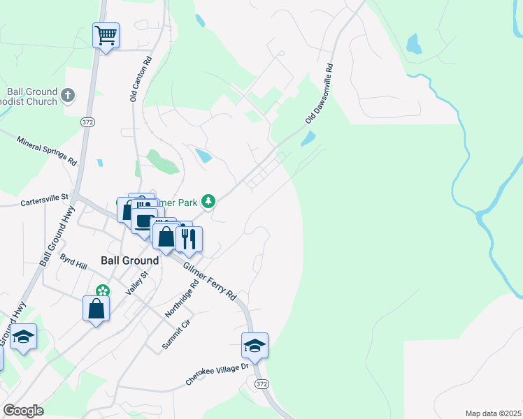 map of restaurants, bars, coffee shops, grocery stores, and more near 633 Groover Street in Ball Ground