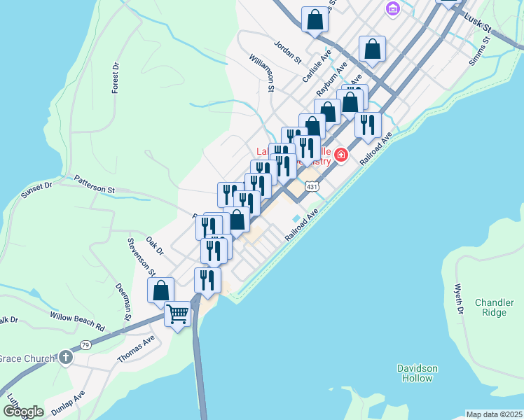 map of restaurants, bars, coffee shops, grocery stores, and more near 1821 Gunter Avenue in Guntersville